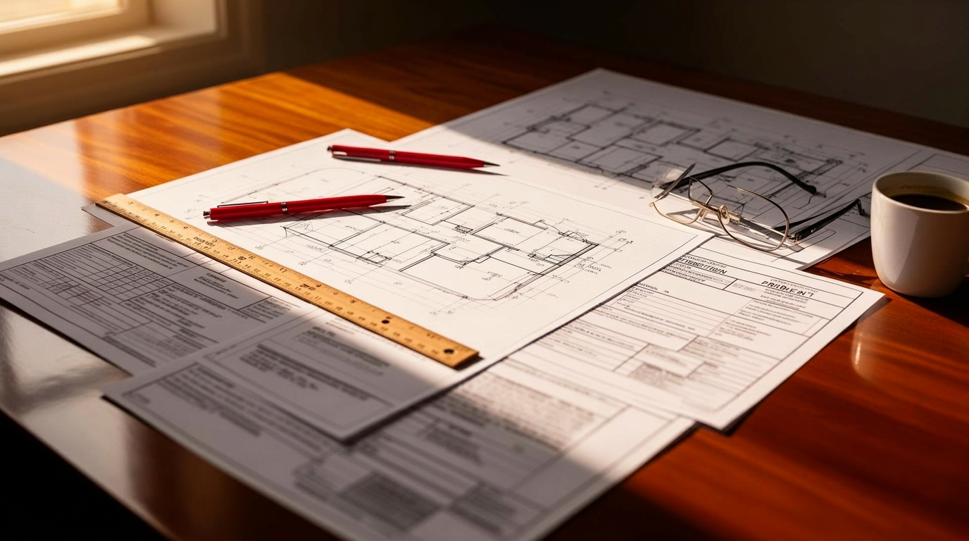Architectural permit plans being professionally reviewed on a desk